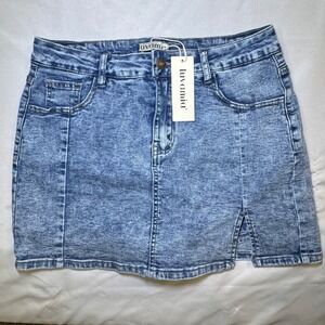 Luvamia Womens Acid Wash Denim Mini Skirt Side Slit Front Pockets Size M Skort